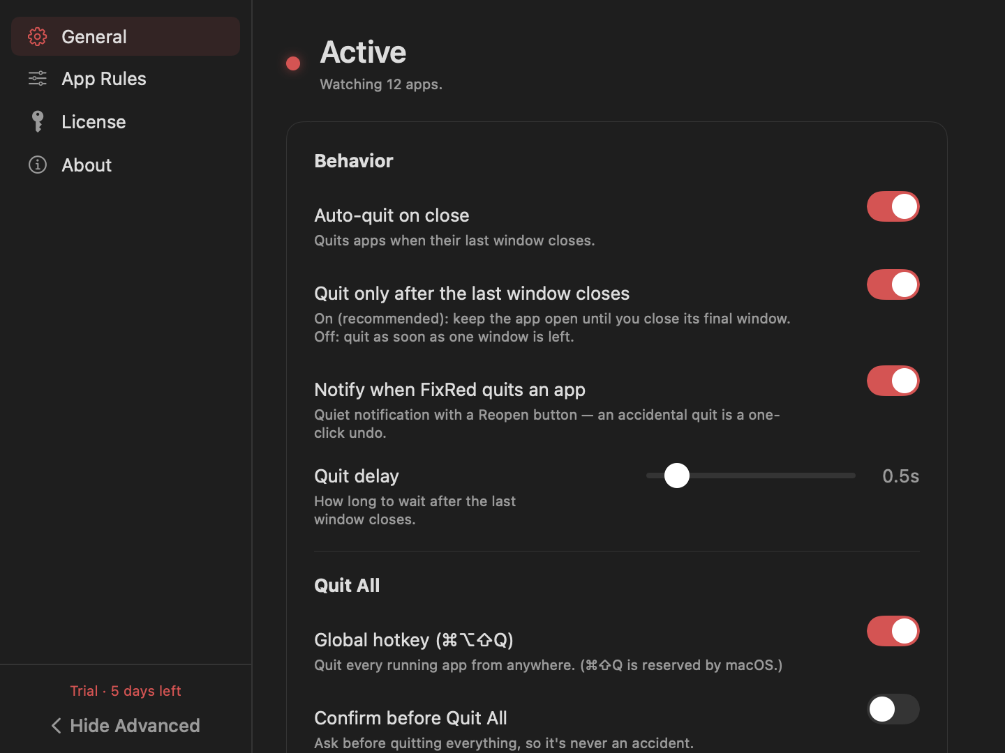 FixRed settings window — Active, watching 12 apps, with Behavior toggles and Quit All